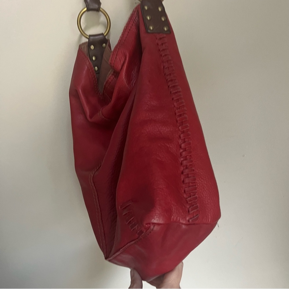 Lucky Brand Vintage Inspired Penny Whipstitch Red Leather Hobo Shoulder Bag - Picture 5 of 10